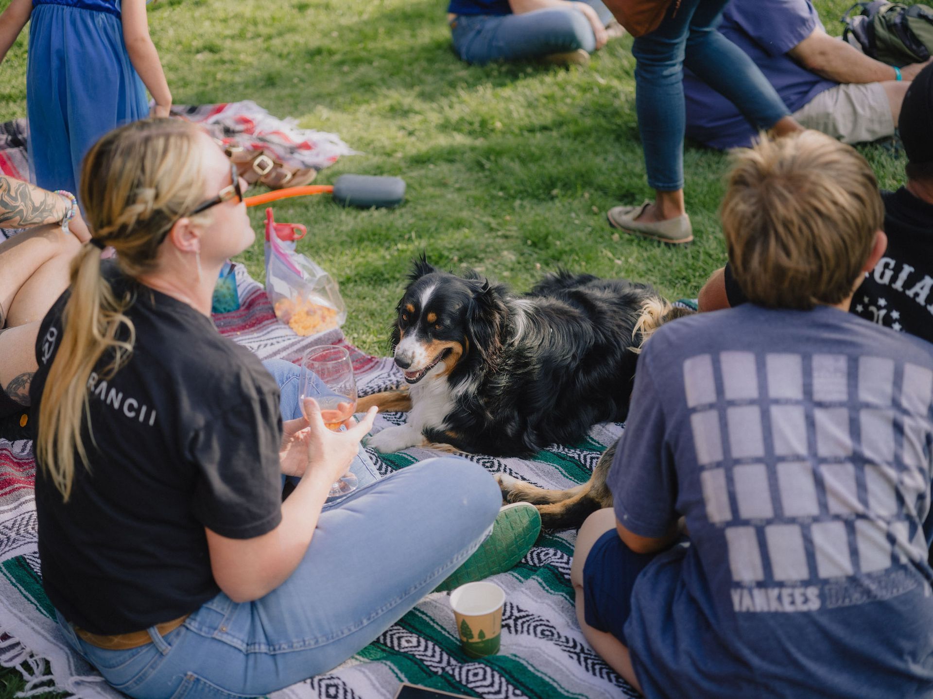 People and a dog relaxing on a blanket in a park. Woman talks to boy, dog looks on, sunny.