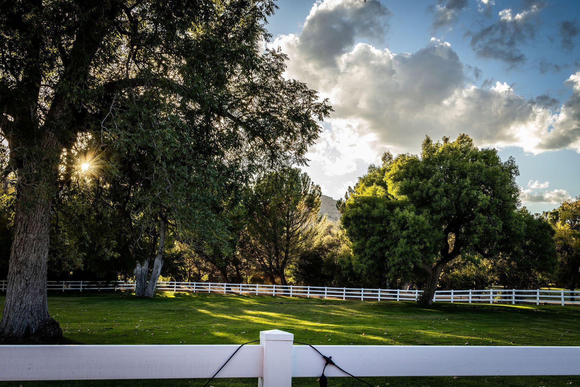 Green field with white fence, trees, and bright sun, under a cloudy sky.