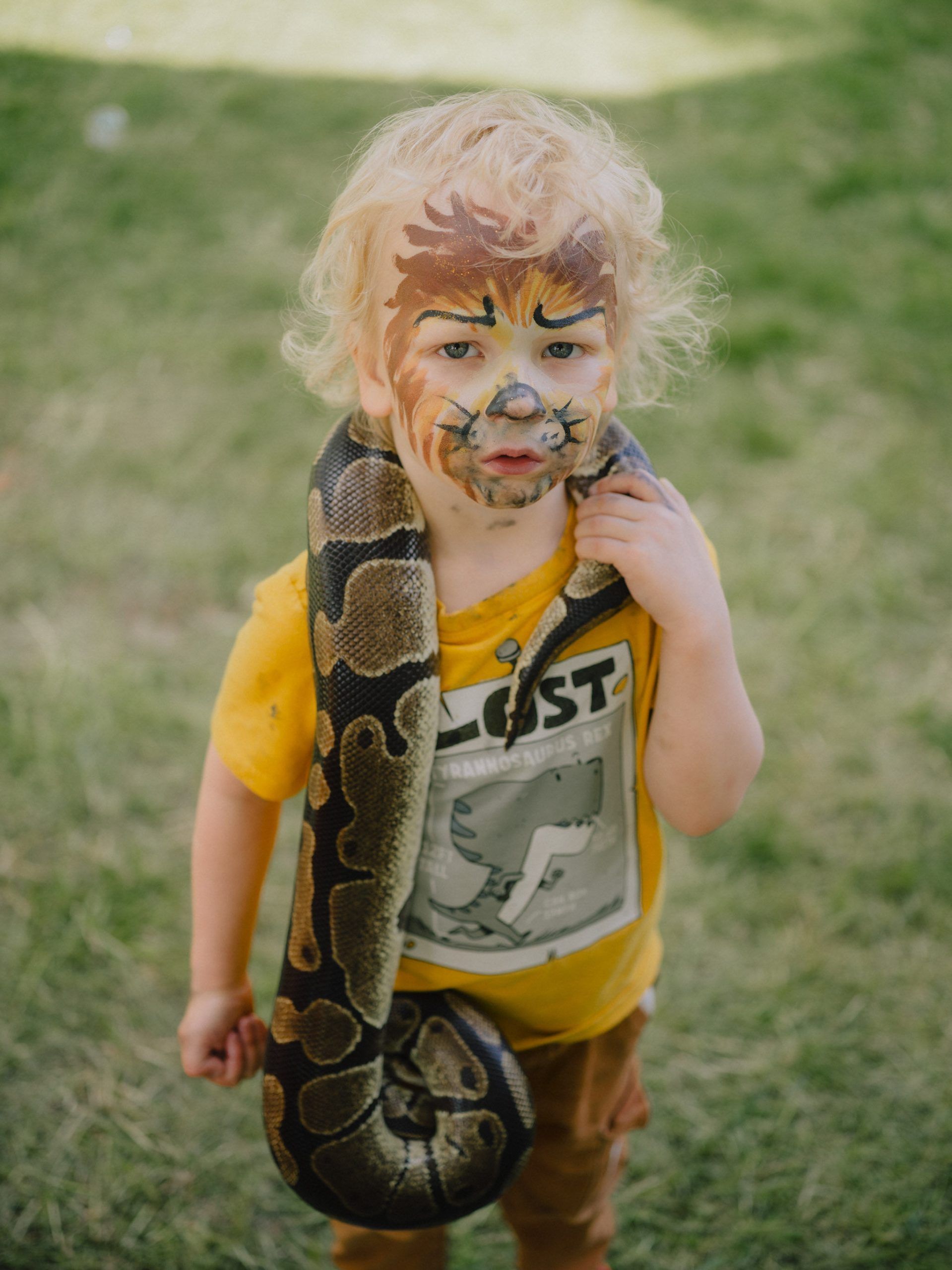 Child with face paint and a large snake wrapped around their neck. Standing on grass.