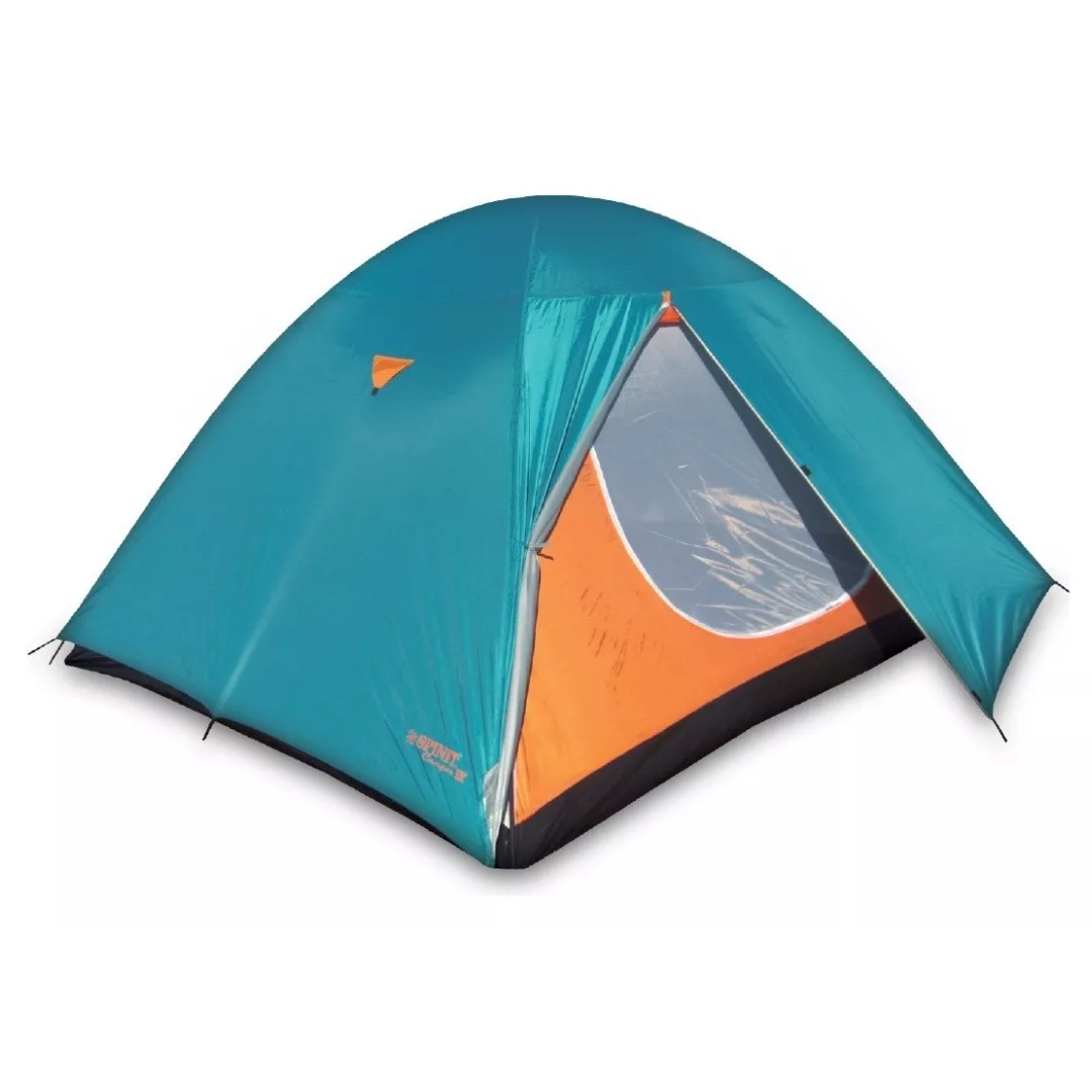 Tienda de campaña tipo domo de color azul y naranja, con entrada abierta, para acampar.