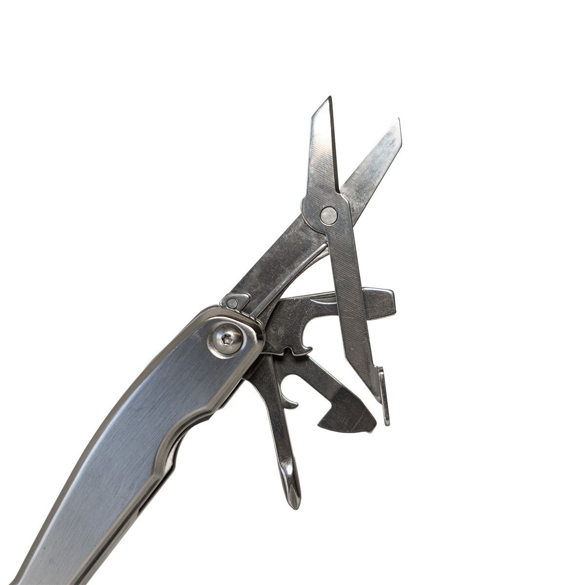 Herramienta multiusos con alicates, cuchillo, tijeras y otros implementos, todos plateados y abiertos.