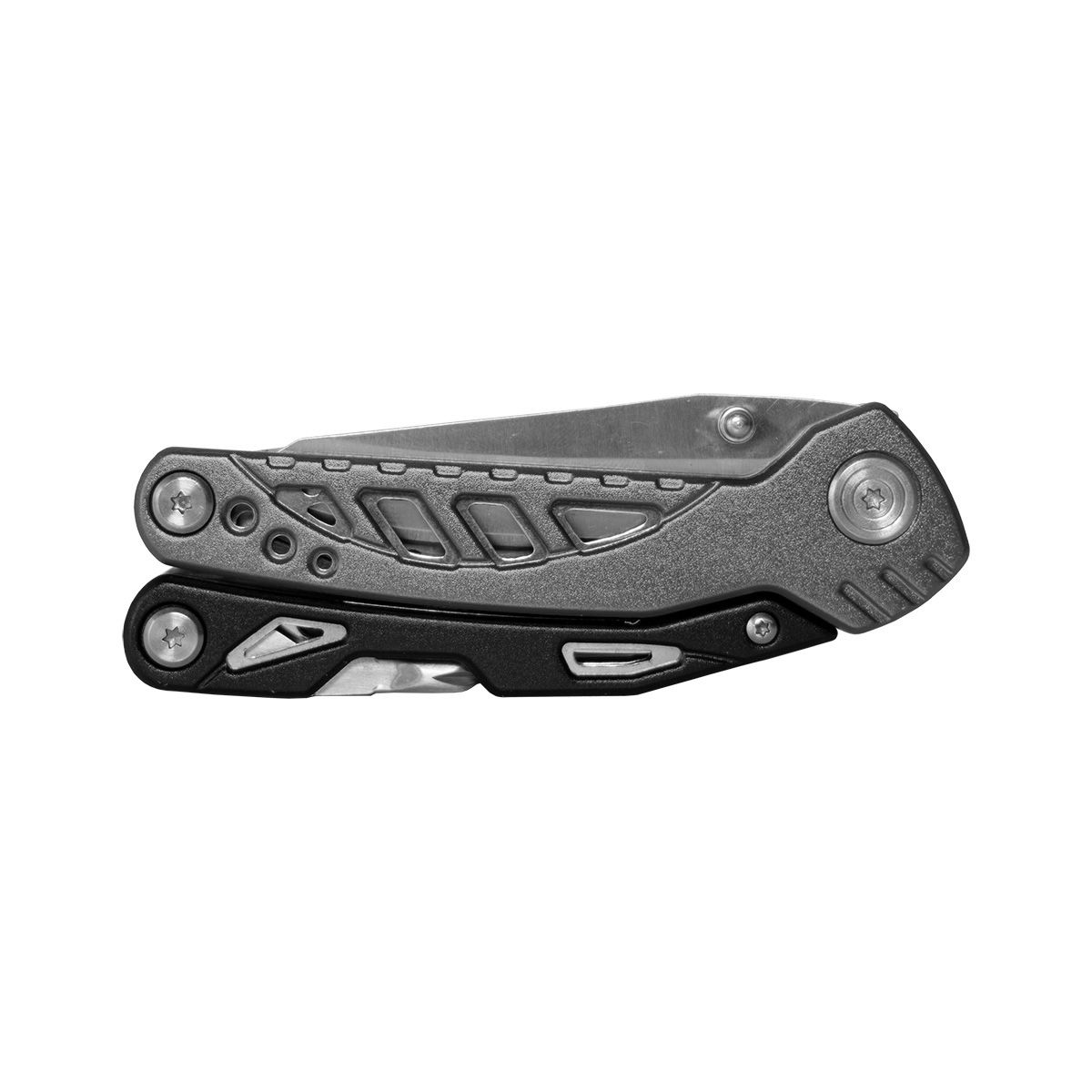 Navaja de bolsillo con mango gris y negro, parcialmente abierta.