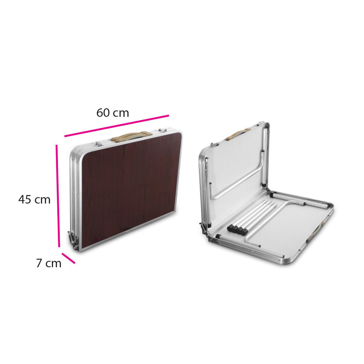 Mesa de camping plegable de color marrón y plata con patas ajustables.