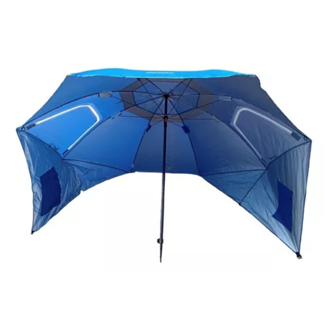 Paraguas de pesca azul y gris con panel lateral para protección contra el sol y la lluvia.