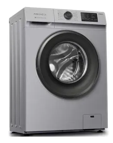 Una lavadora de carga frontal gris con la puerta abierta, dejando al descubierto el tambor.