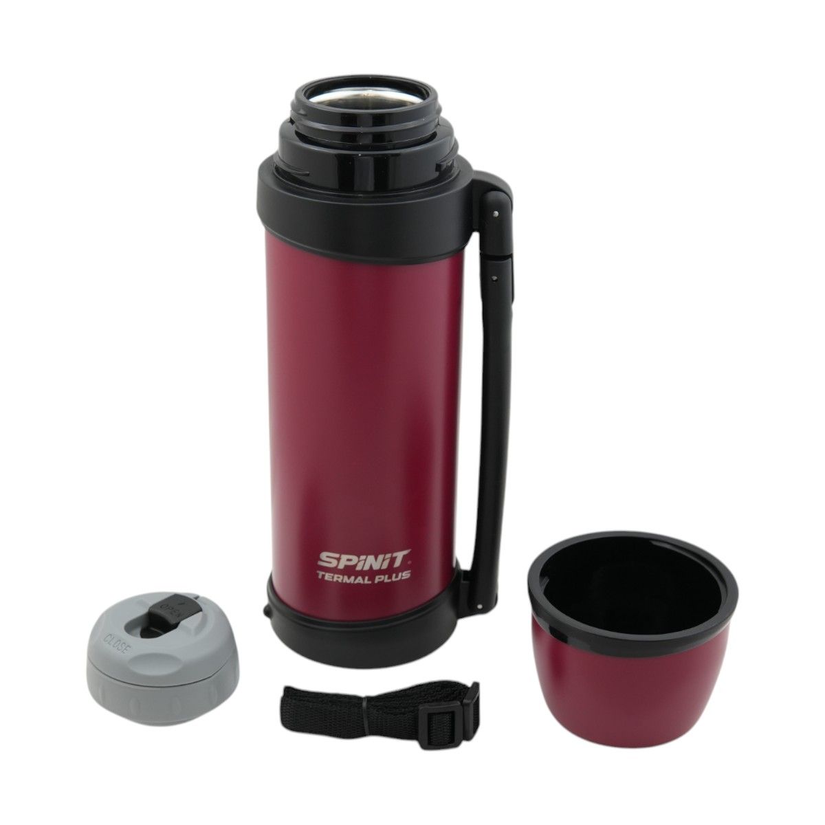 Botella de agua roja con tapón gris y blanco, abierta. Correa y hebilla negras.