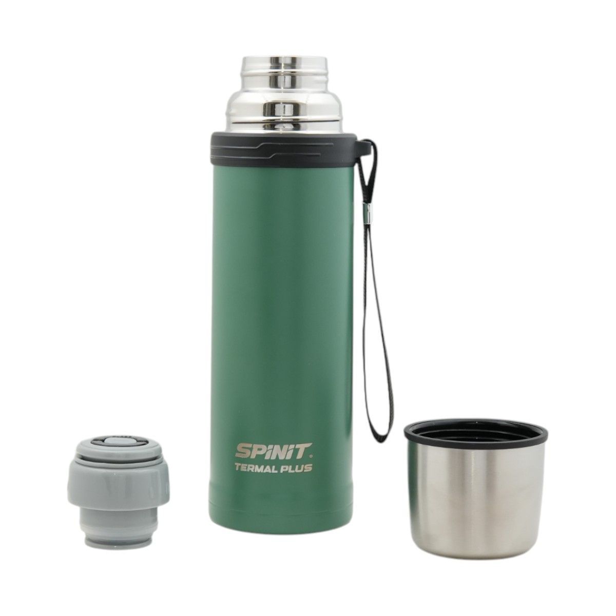 Termo SPIN IT de color verde con su embalaje sobre fondo blanco.