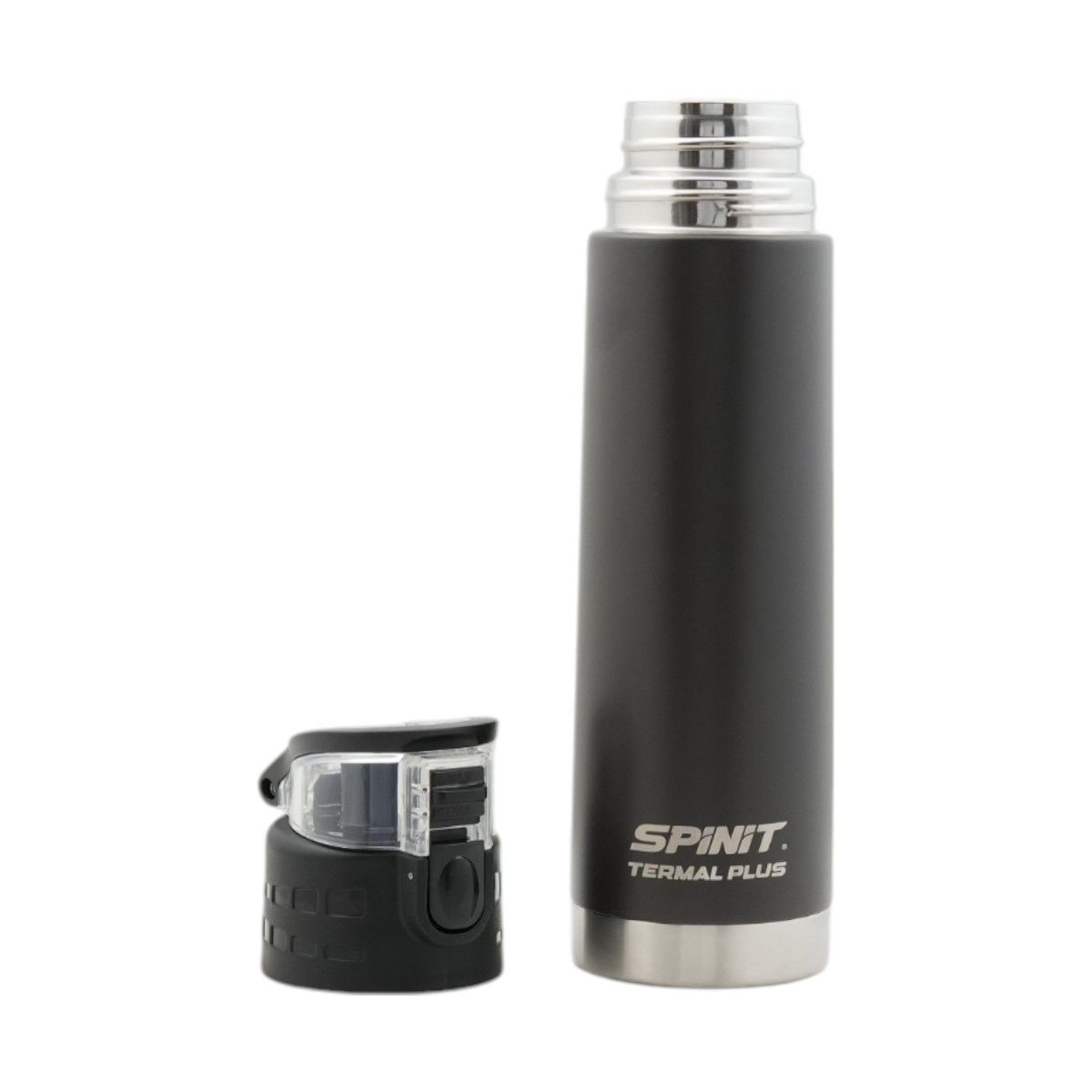 Botella de agua Spinit Thermal Plus negra junto a su embalaje.