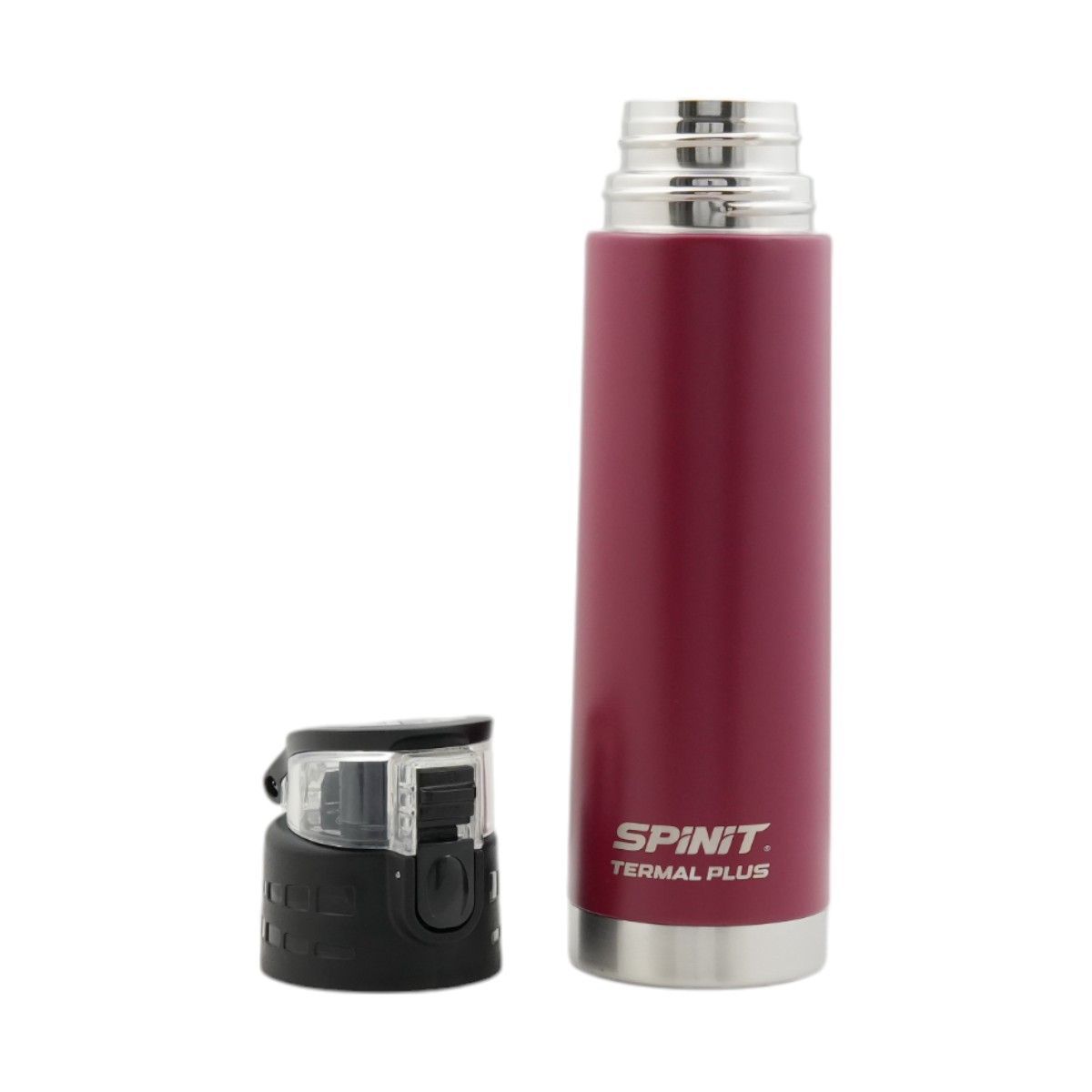 Botella de agua Spinit Thermal Plus de color rojo y negro con su embalaje sobre fondo blanco.