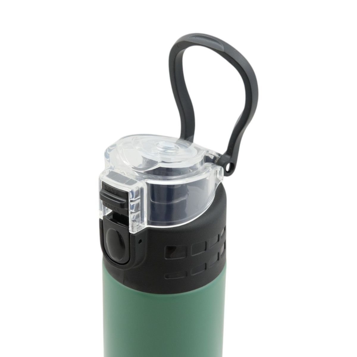 Botella térmica SPINIT verde con tapón negro y caja.