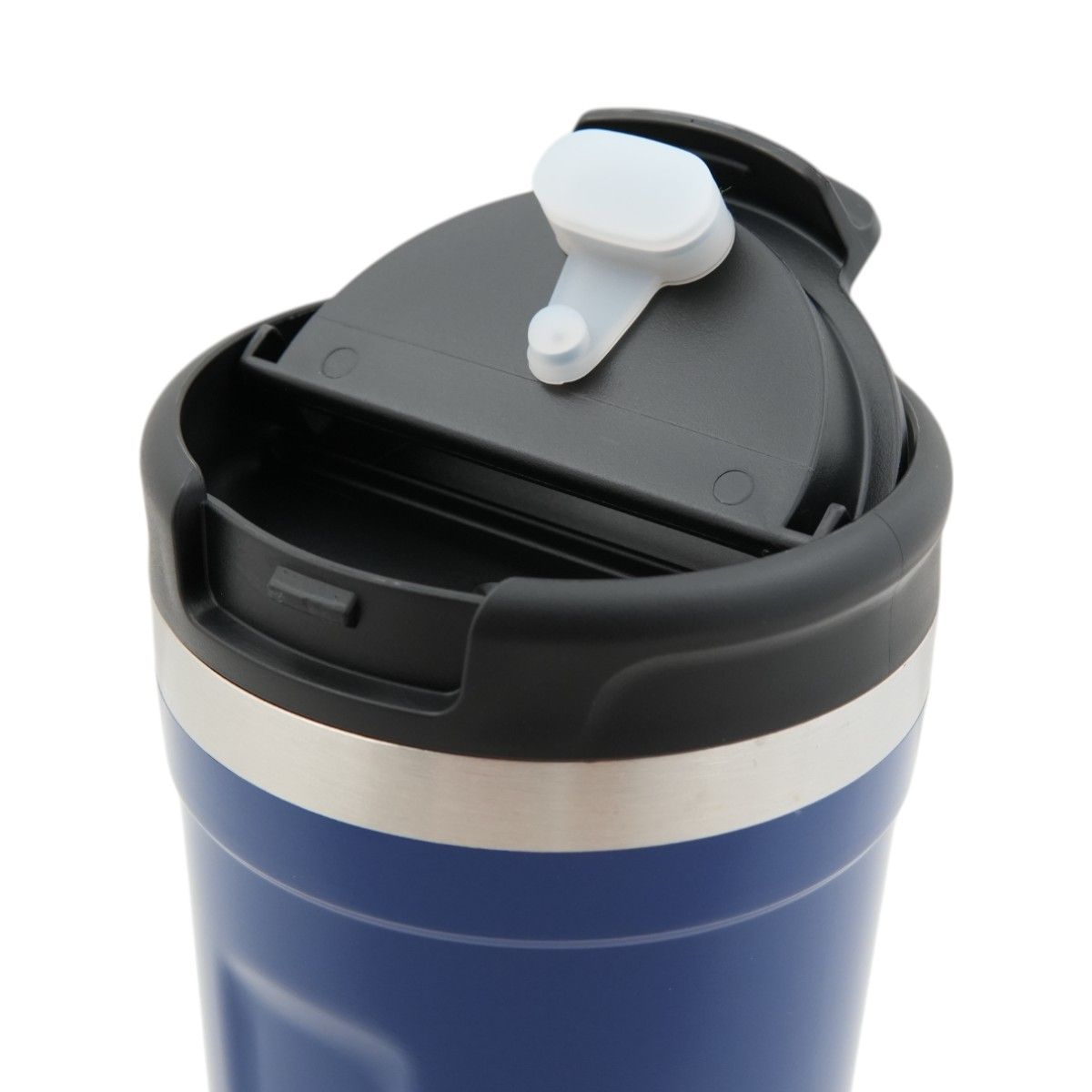 Taza térmica de viaje Blue Spinit junto a su caja, mostrando sus características.