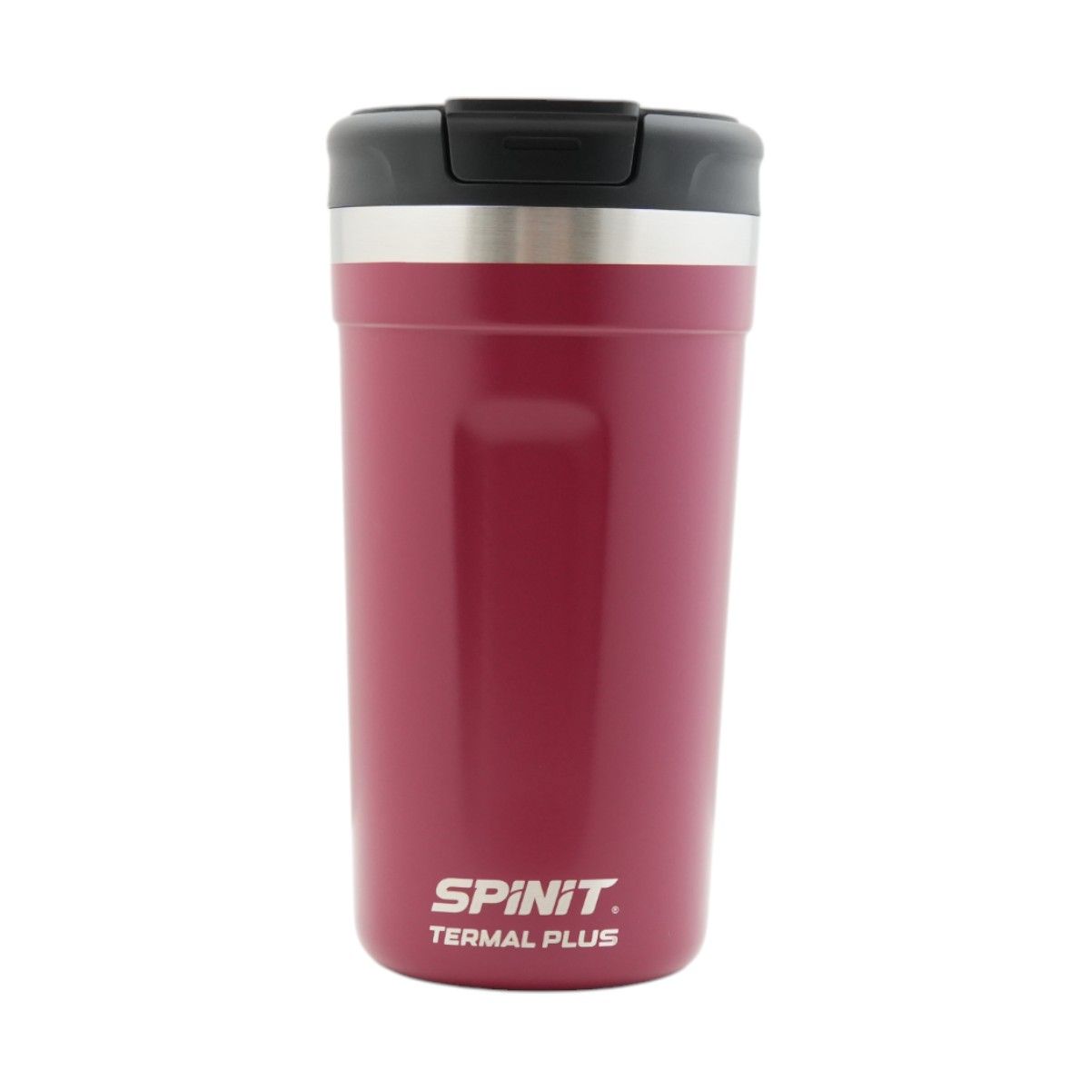 Taza térmica de viaje de color marrón “SPINIT” junto a su caja de producto sobre una superficie blanca.