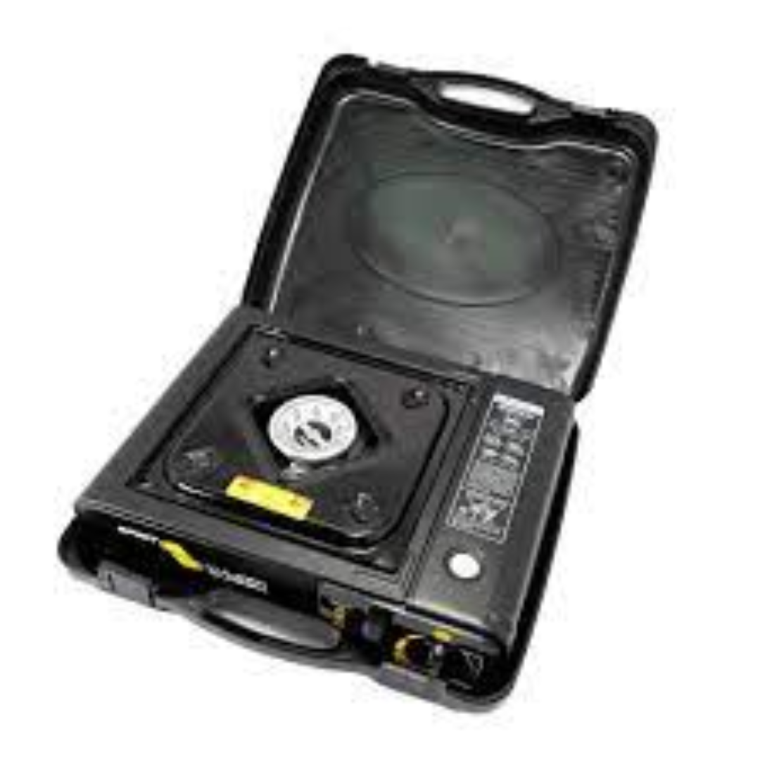 Estufa de camping portátil Spinit Vulcan Classic, color negro y amarillo, con estuche de transporte.