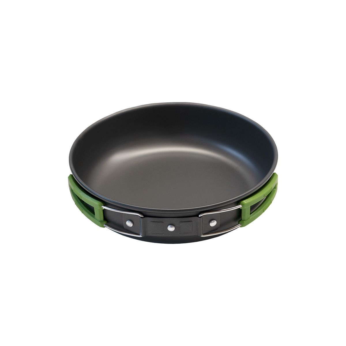 Juego de utensilios de cocina para acampar, gris oscuro, detalles en verde, con hervidor, olla, platos y utensilios.