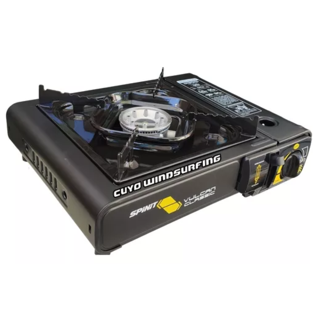 Estufa de camping portátil Spinit Vulcan Classic, color negro y amarillo, con estuche de transporte.
