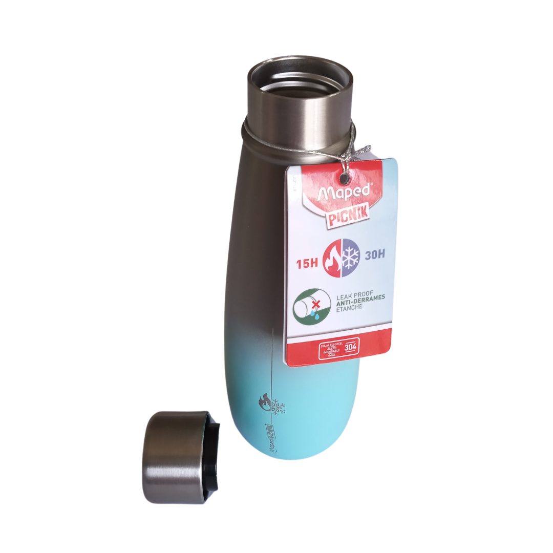 Una botella de agua turquesa con una etiqueta Maped Picnic que indica 15 horas de calor, 30 horas de retención de frío
