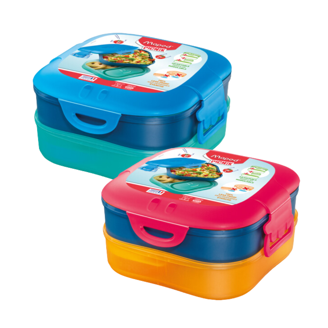 Lonchera apilada colorida con secciones azules, rosas y naranjas; un asa y un clip en el lateral.