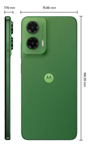 Motorola Moto G35 5G verde. Cámara dual, lentes redondos y parte trasera texturizada verde con el logo de Motorola.