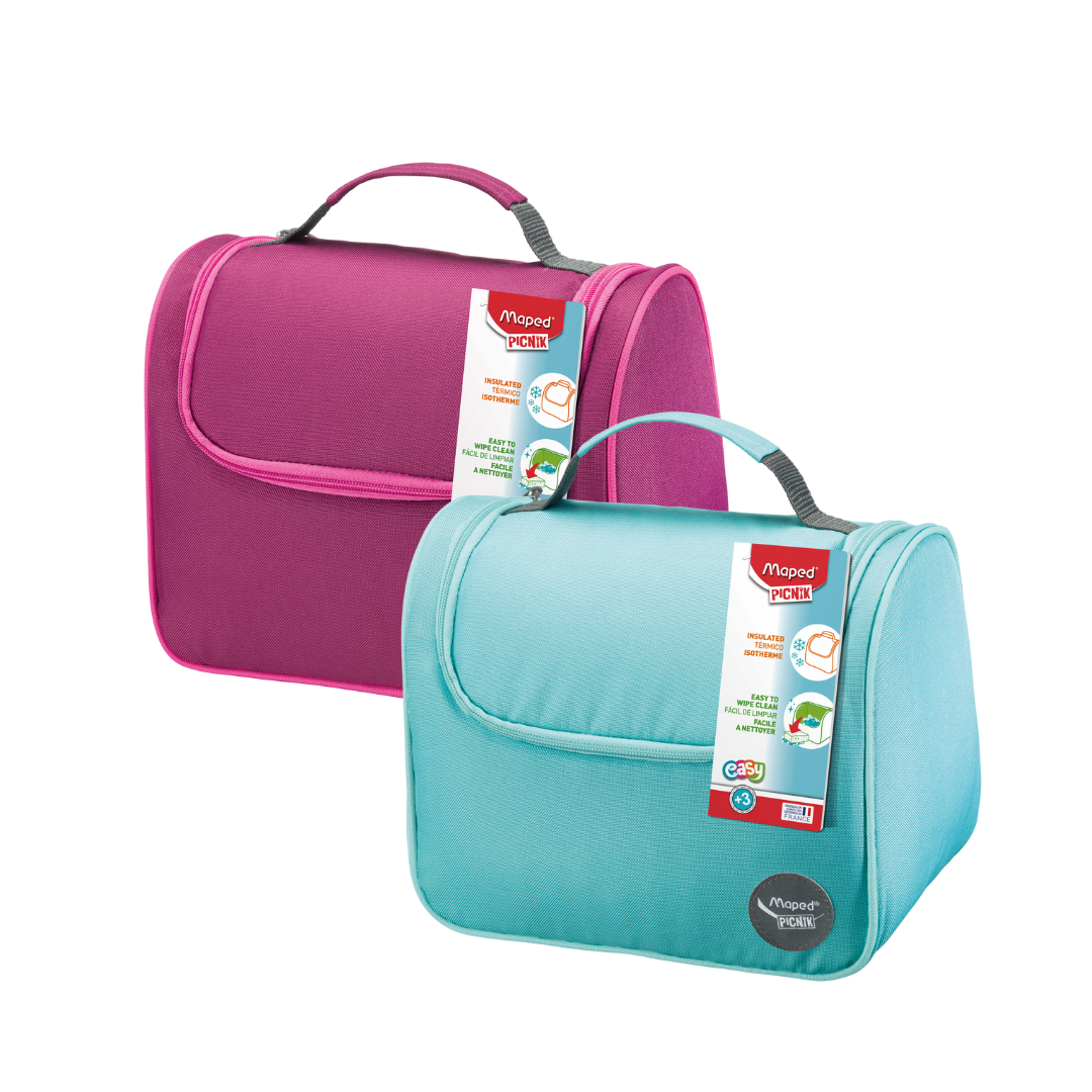 Bolsa de almuerzo térmica de color azul con asa y etiqueta de producto.