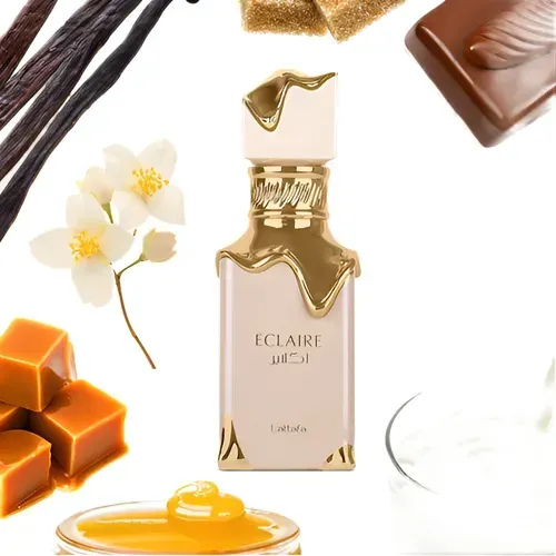 Frasco de perfume y caja; color rosa, detalles dorados, la palabra