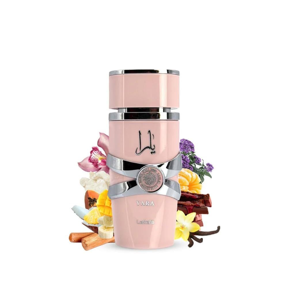 Frasco y caja de perfume de color rosa, escritura árabe