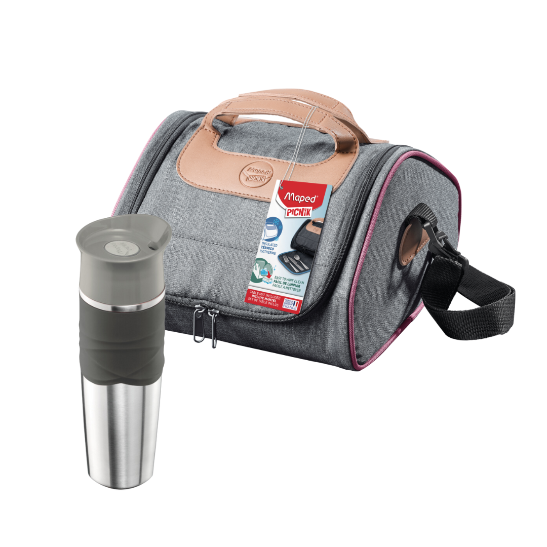 Taza de viaje de acero inoxidable con tapa y asa de color azul.