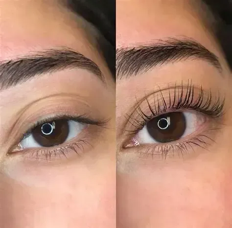 Close-up of a brown eye with long, thick black eyelash extensions