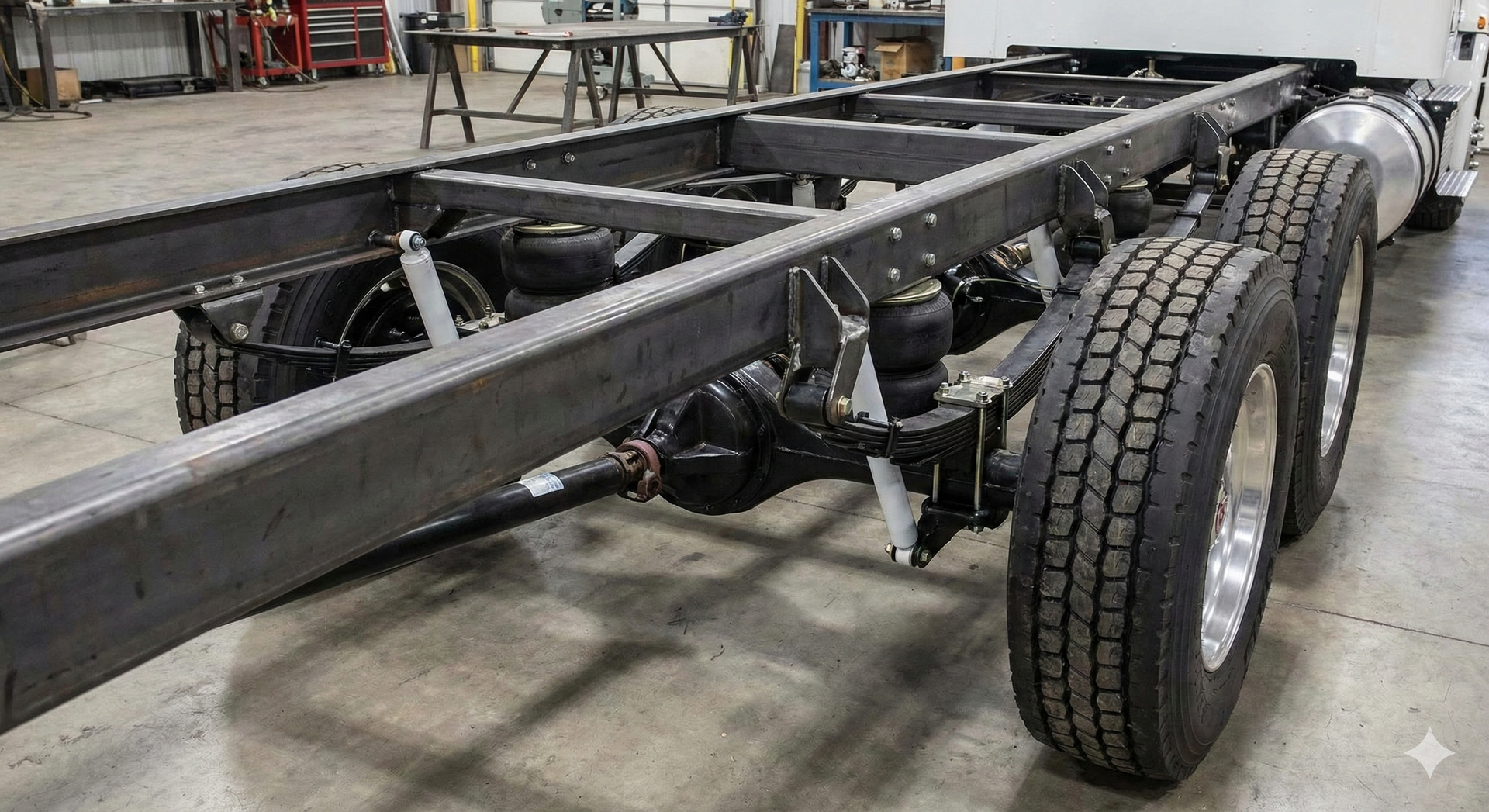 Truck chassis with rear wheels, steel frame, air suspension, in a shop.