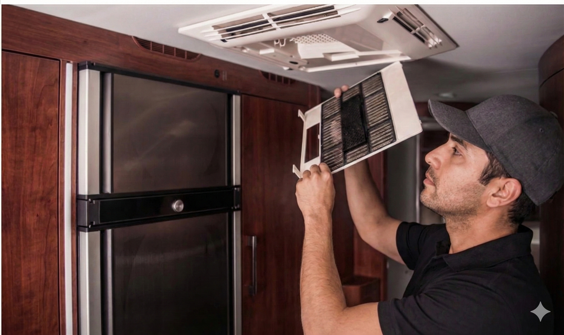 A person in a black shirt and hat removing an air filter from a ceiling unit in a room with a refrigerator.