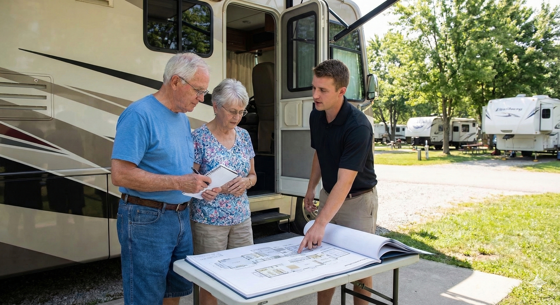 A man shows a map to a couple in front of an RV on a sunny day.