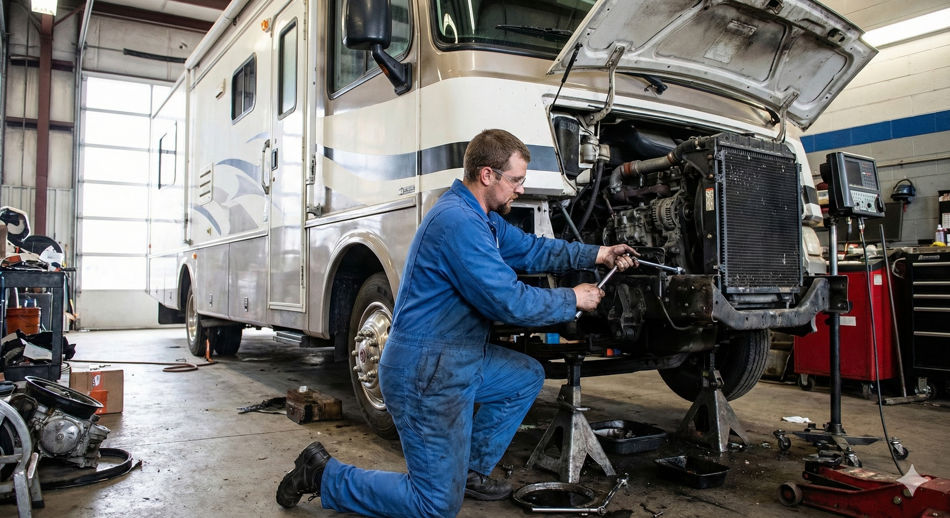Mechanic working on the engine of a beige RV in a garage, using a wrench.