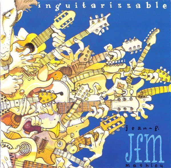Album cover: Many cartoon guitars and hands in white and yellow over a blue background. Title text is 