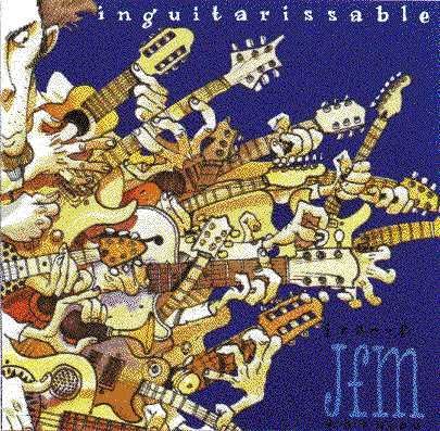 Album cover: Many cartoon guitars and hands in white and yellow over a blue background. Title text is 