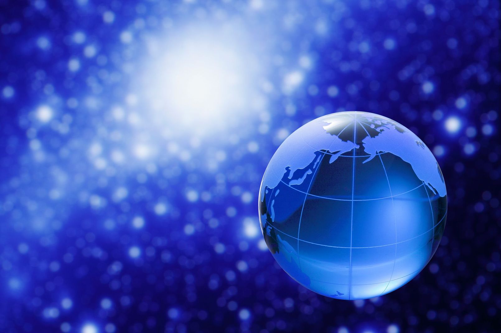 Blue glass globe floating in space.
