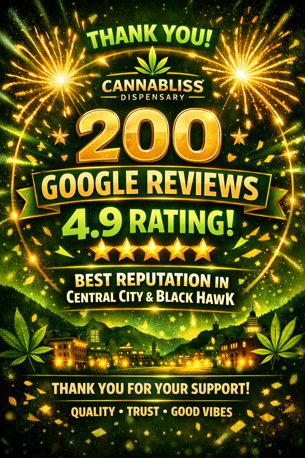Cannabliss Dispensary celebrates 200 Google reviews with a 4.9 rating. Displays fireworks and a city landscape.