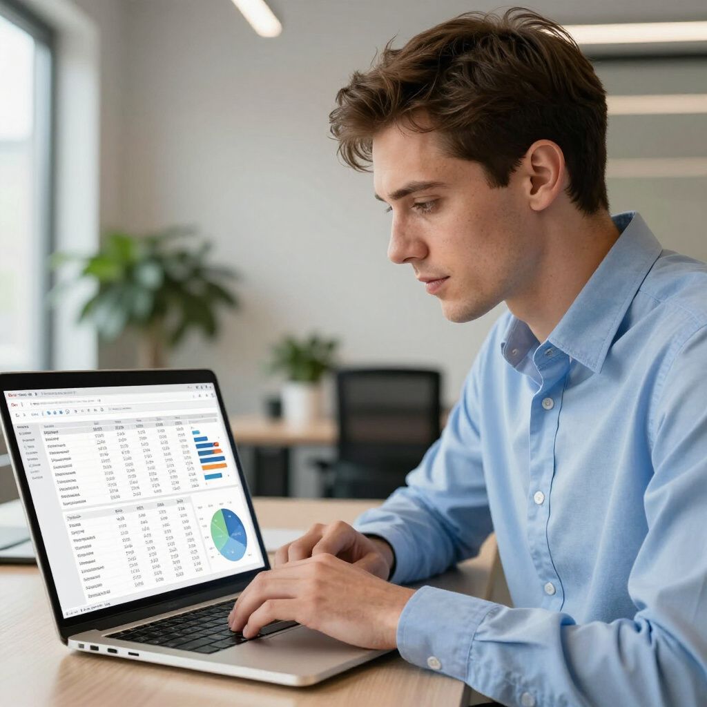 Man in blue shirt working on laptop, analyzing data with charts. Office setting.