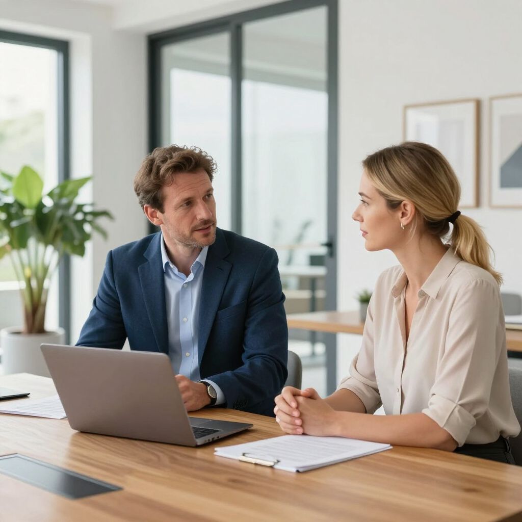 Man and woman in office, looking at laptop, discussing. Light-colored office, natural light.