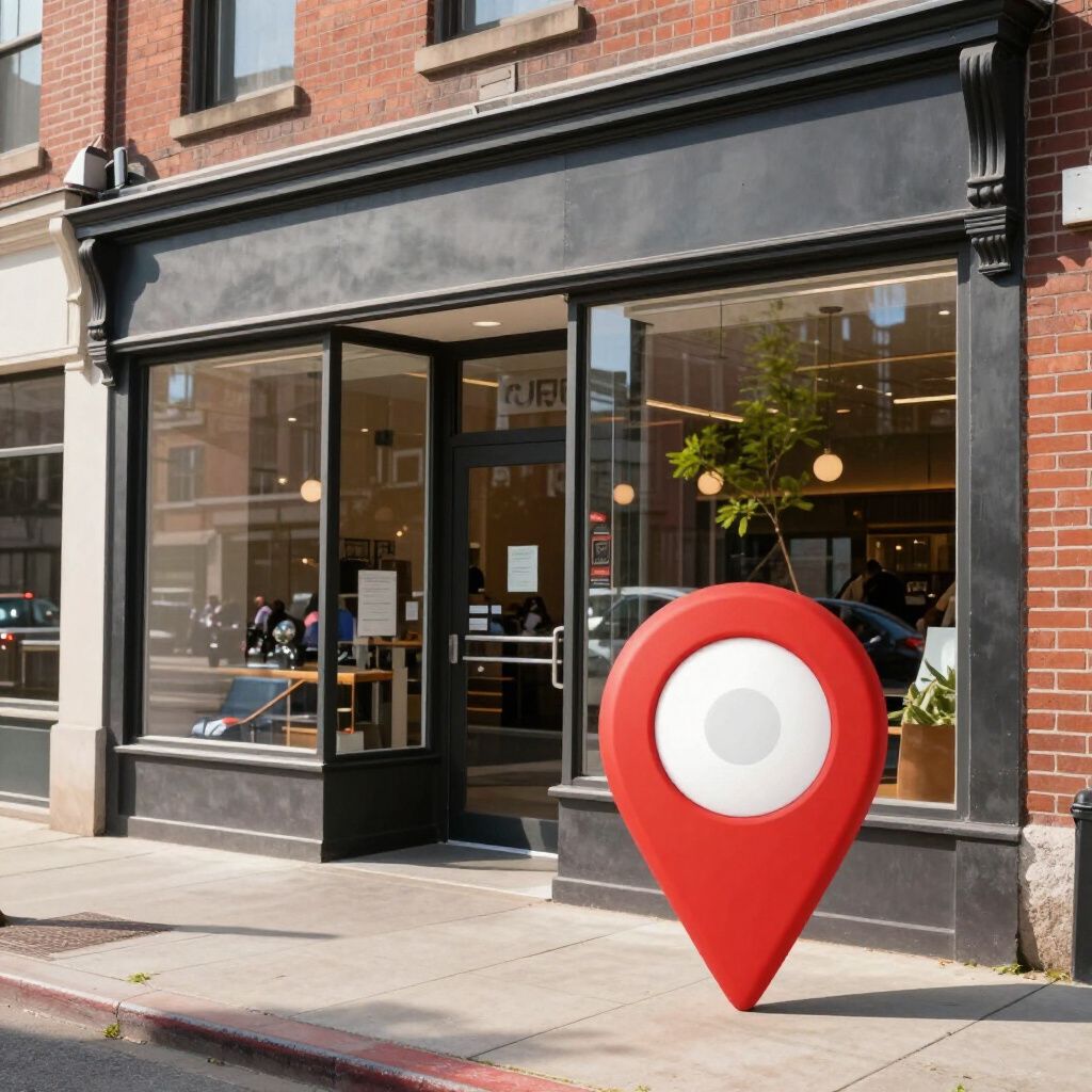 Red location marker in front of a storefront with large windows and a brick exterior.