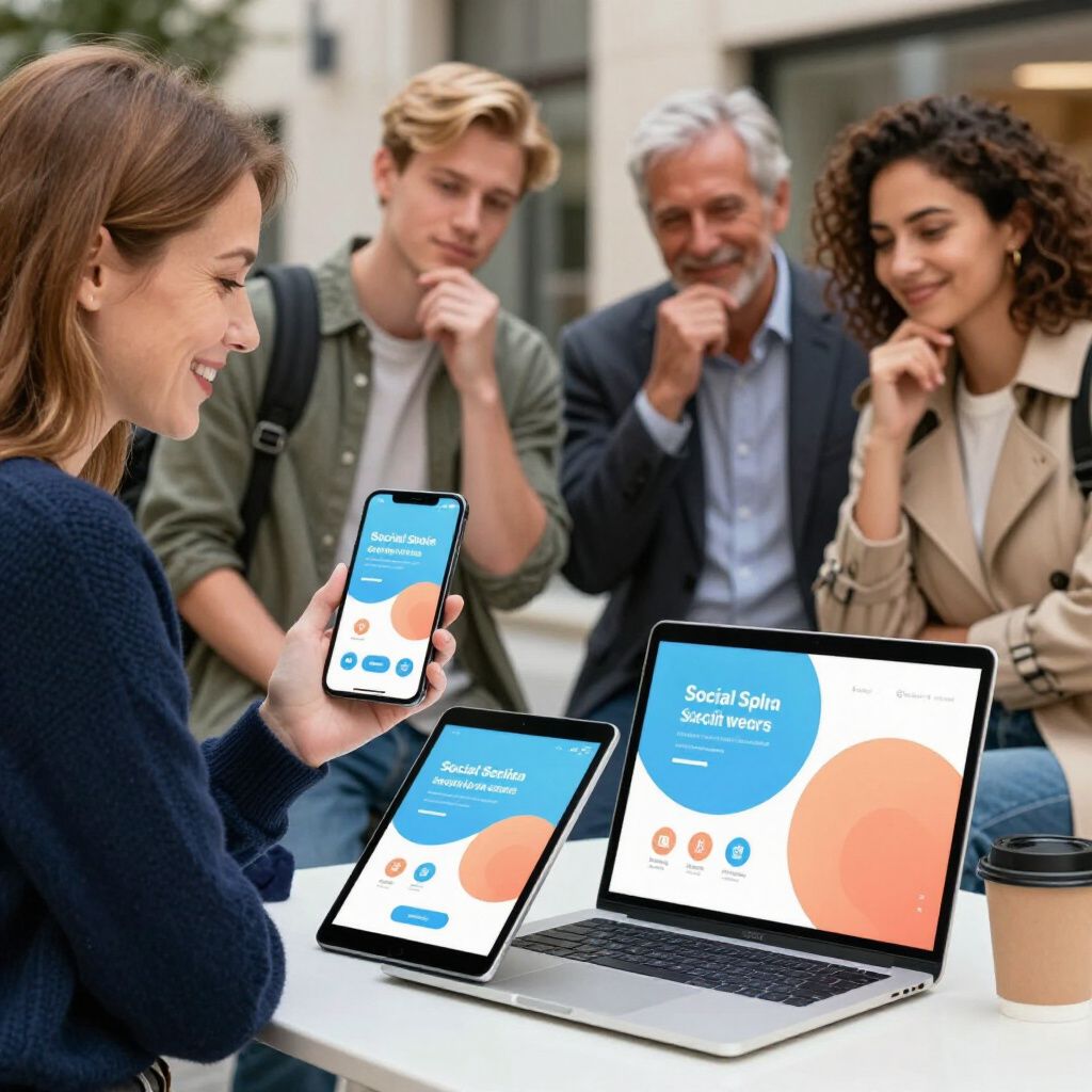 Woman showing app on phone to a group of people at a table with tablet & laptop.