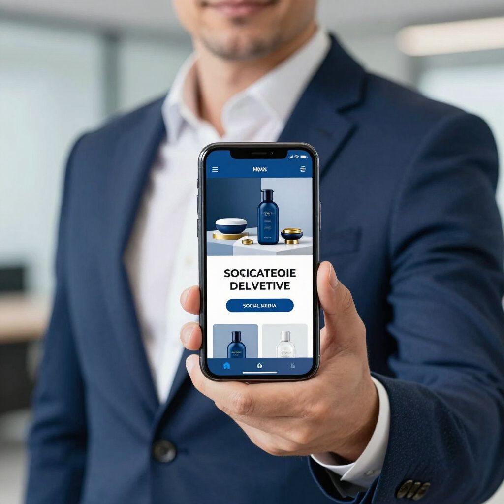 Man in suit holding a phone displaying a product, blue and white theme.