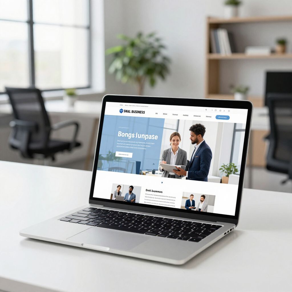 Laptop displaying a business website with professionals discussing a document in an office.