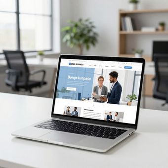 Laptop displaying a business website with professionals discussing a document in an office.