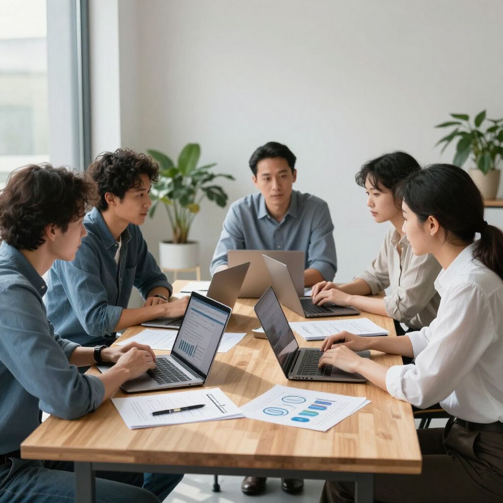Five people at a table, using laptops and looking at documents in an office.