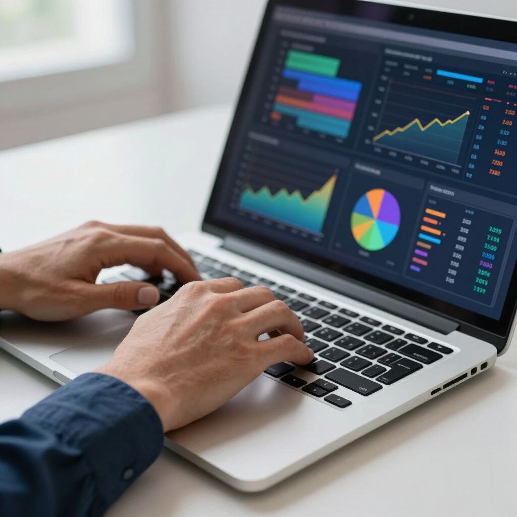 Hands typing on laptop displaying colorful data charts.