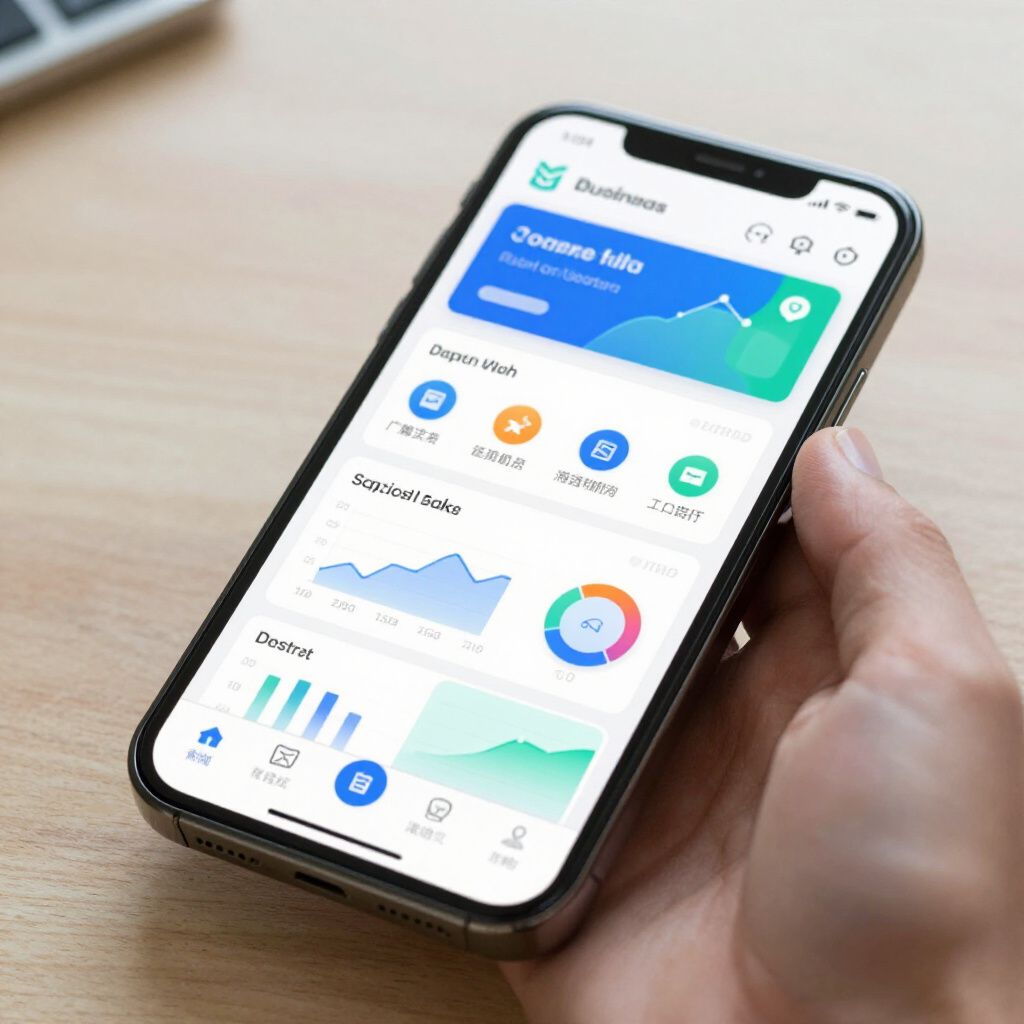 Hand holding a smartphone displaying a financial app with charts and data visualizations.