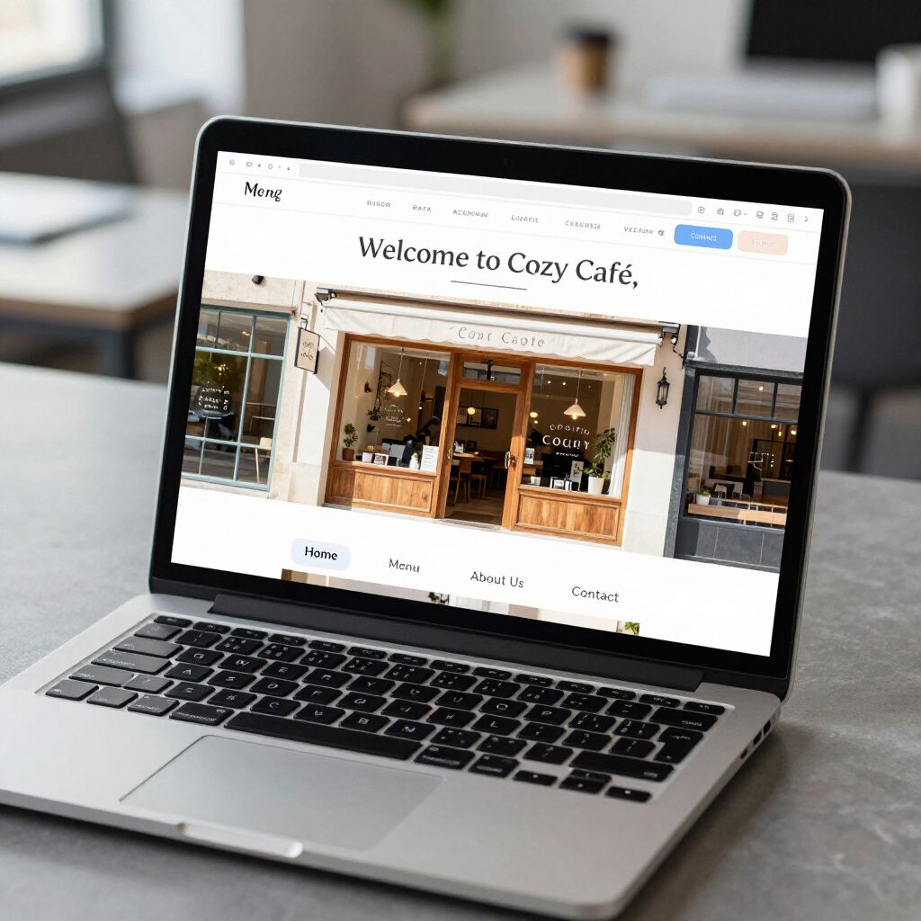 Laptop displaying Cozy Cafe website. Cafe exterior photo, welcome message, on desk.