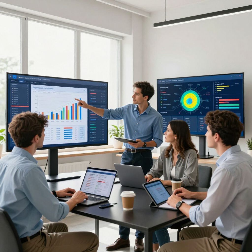 Business team in a meeting; man points at graph on monitor; others use laptops, coffee cups on table.