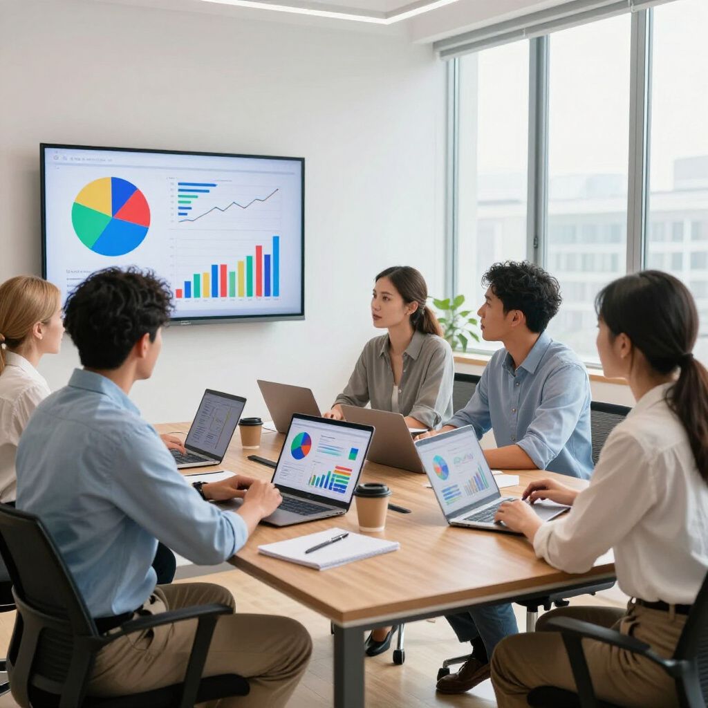 Business meeting: six people around a table looking at laptops and a screen with charts and graphs in an office.