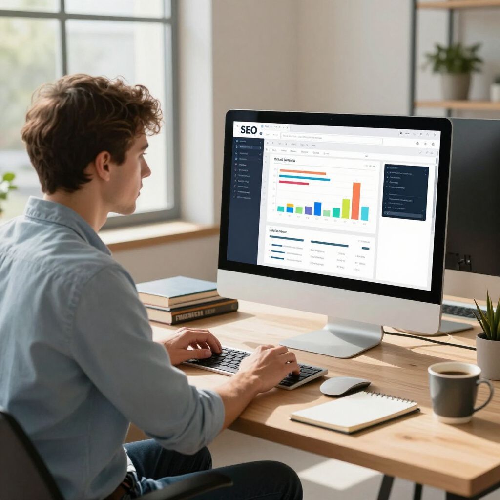 Man working on a computer at a desk, looking at data visualizations.