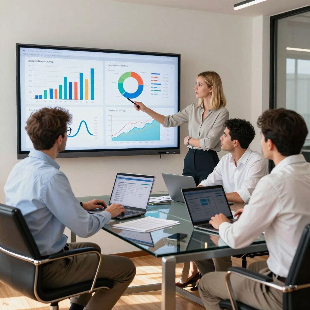 Business team in meeting, woman pointing at charts on screen, colleagues with laptops.